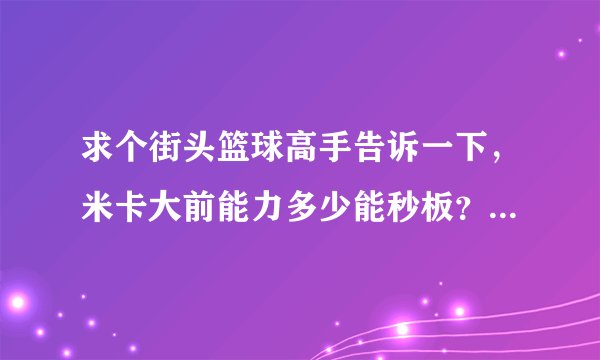 求个街头篮球高手告诉一下，米卡大前能力多少能秒板？弹跳多少？板要...