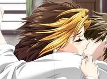 一张动漫kiss图，男在下，女在上，女的头发颜色是黄色，男是褐色 帮帮忙吧