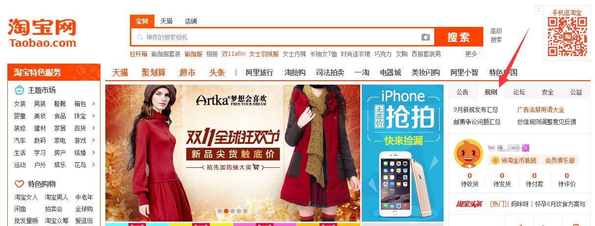 如何从淘宝首页进入规则频道，以查看淘宝官方发布的规则?