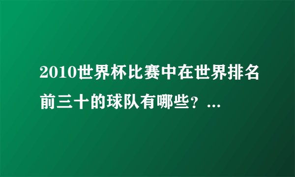 2010世界杯比赛中在世界排名前三十的球队有哪些？其中各排在多少名最好注明。