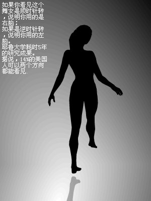 有一张神奇图片，是一个舞女，看是顺时针还是逆时针，我每次看的都是顺时针，也就是抬的右脚向右不停的转