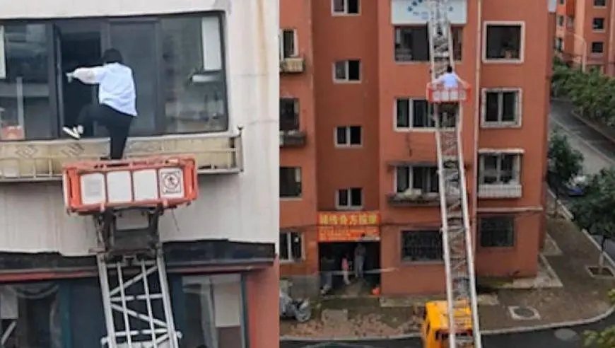 居民下楼做核酸忘带钥匙,下一秒享受特殊待遇,做坐云梯车回家是什么体验?