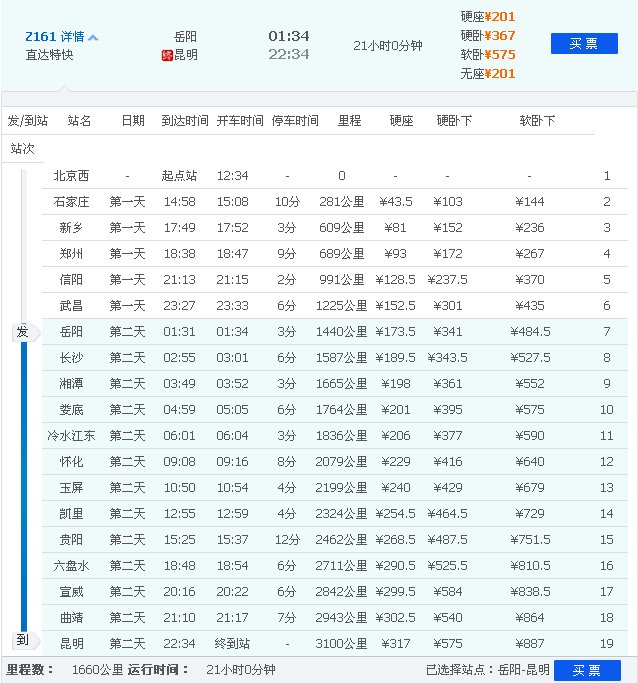 岳阳到昆明火车途径大小站