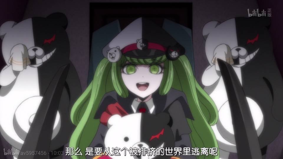 有一个二次元人物，双马尾，像穿着jk制服，抱着一个一边黑一边白，嘴角裂的熊。她是谁？什么里面的？